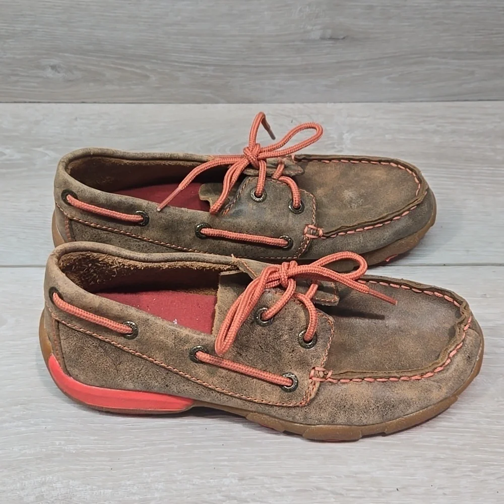 Twisted X Kids Girls SMUYDM09 Brown Leather Boat Moccasin Driving Shoes Sz 3.5M
